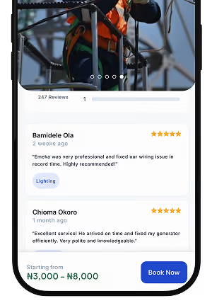 Mobile screen showing electrical service reviews with 5-star ratings and a Book Now button.